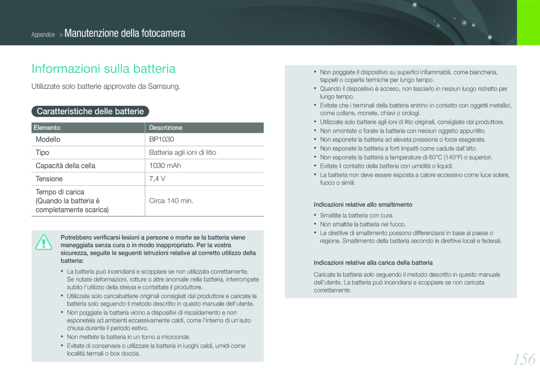 Samsung EV-NX210ZBSBIT, EV-NX210ZBSTIT manual 156, Informazioni sulla batteria, Caratteristiche delle batterie 