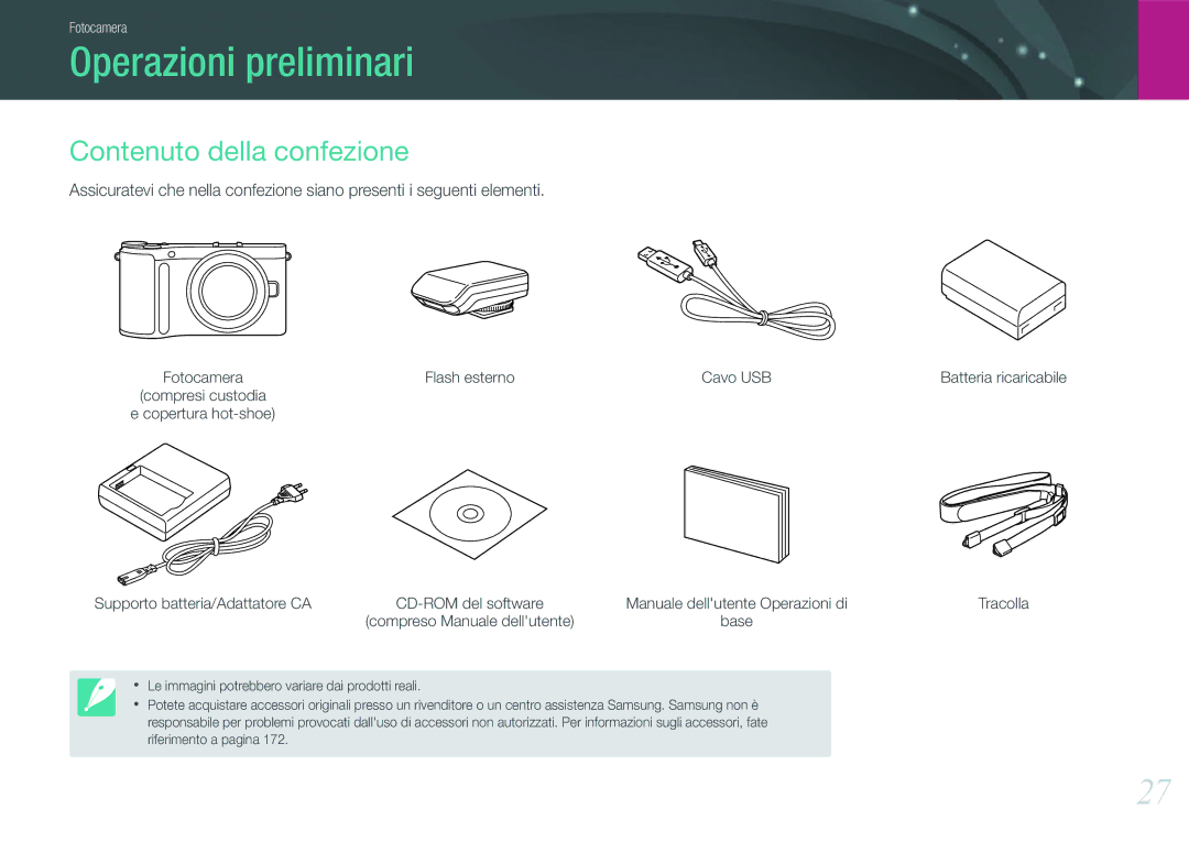 Samsung EV-NX210ZBSTIT Operazioni preliminari, Contenuto della confezione, Flash esterno, Supporto batteria/Adattatore CA 