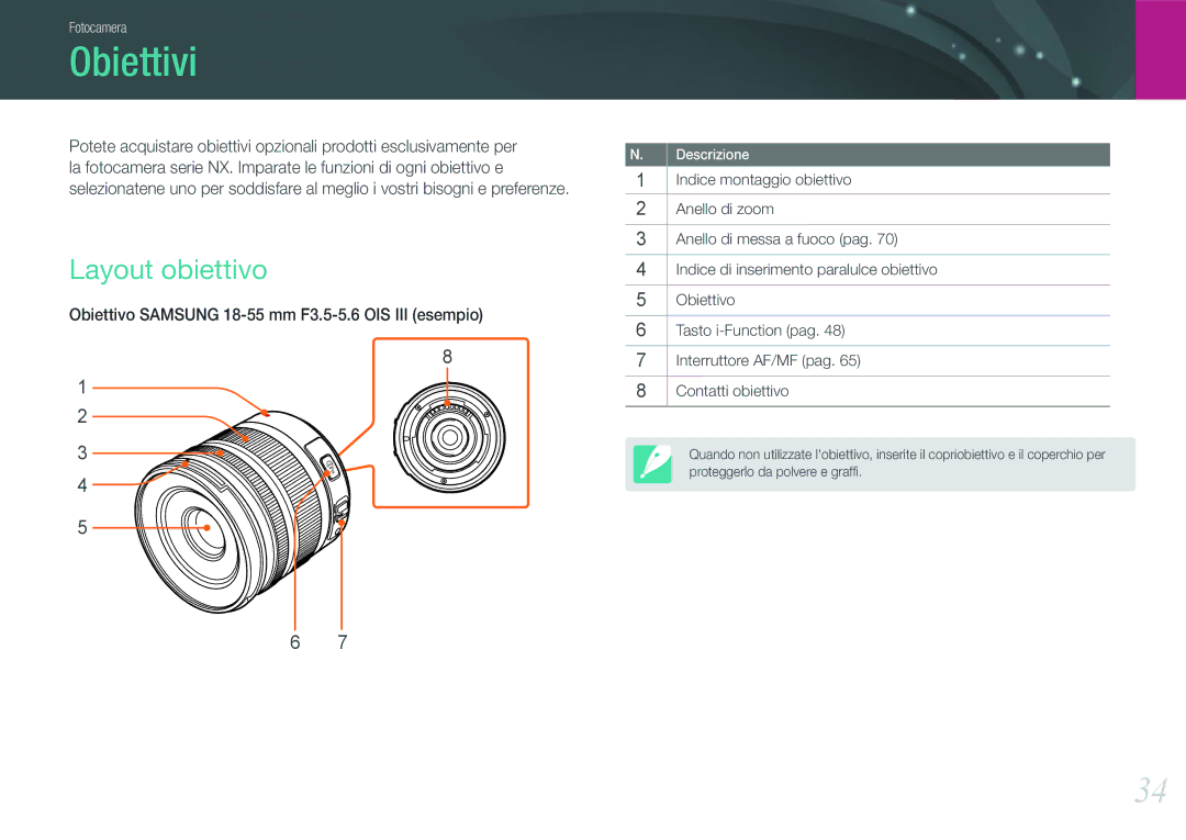 Samsung EV-NX210ZBSBIT, EV-NX210ZBSTIT manual Obiettivi, Layout obiettivo 