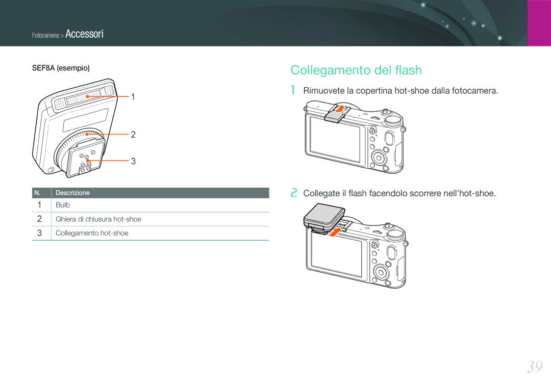 Samsung EV-NX210ZBSTIT manual Collegamento del ﬂash, SEF8A esempio, Bulb Ghiera di chiusura hot-shoe Collegamento hot-shoe 