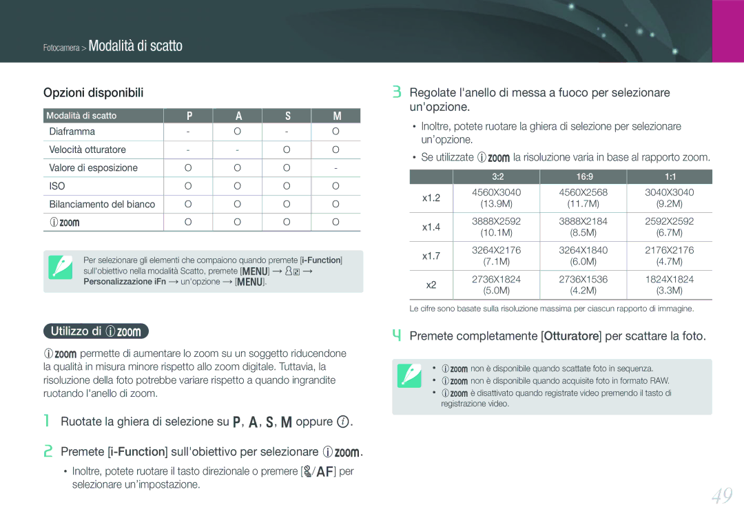 Samsung EV-NX210ZBSTIT, EV-NX210ZBSBIT manual Opzioni disponibili, Utilizzo di Z 