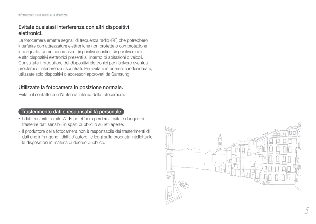 Samsung EV-NX210ZBSTIT manual Utilizzate la fotocamera in posizione normale, Trasferimento dati e responsabilità personale 