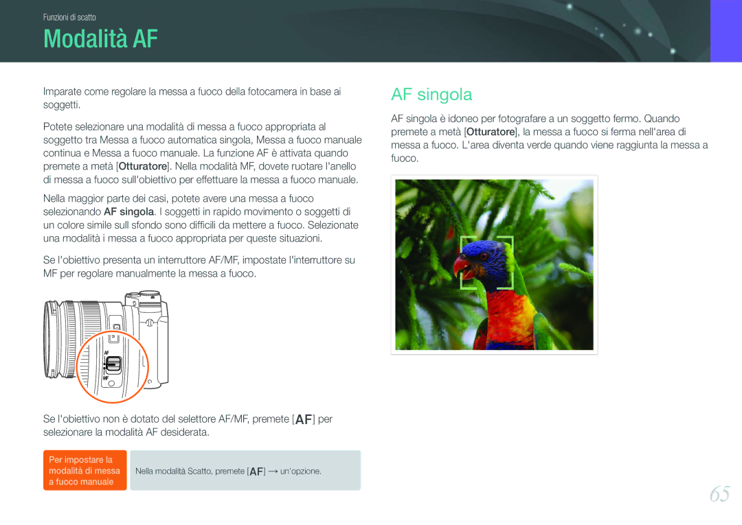 Samsung EV-NX210ZBSTIT, EV-NX210ZBSBIT manual Modalità AF, AF singola 