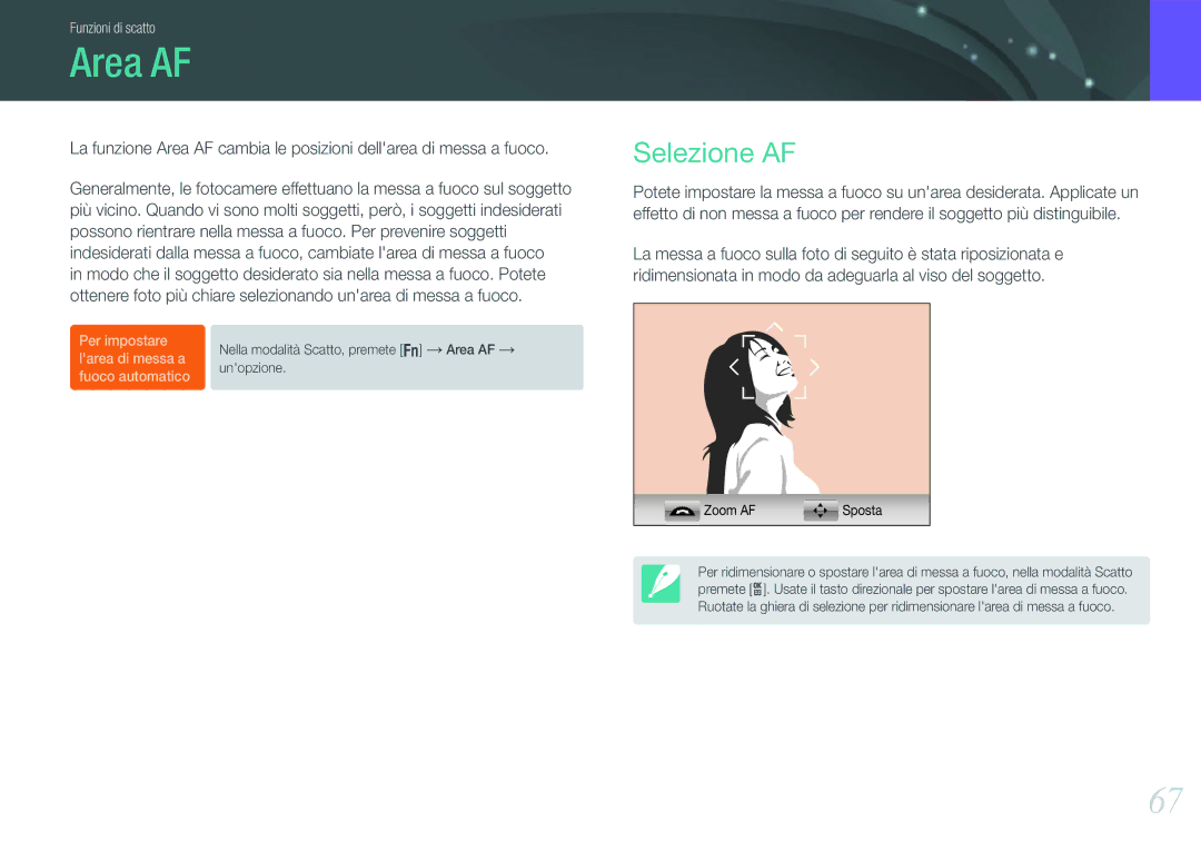 Samsung EV-NX210ZBSTIT, EV-NX210ZBSBIT manual Area AF, Selezione AF 