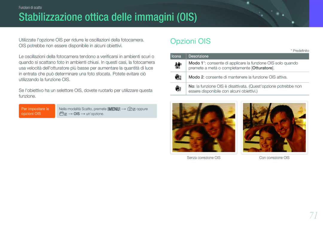 Samsung EV-NX210ZBSTIT, EV-NX210ZBSBIT manual Stabilizzazione ottica delle immagini OIS, Opzioni OIS 