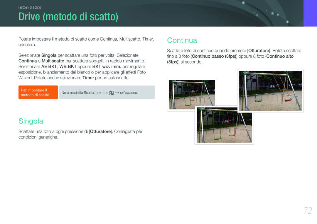 Samsung EV-NX210ZBSBIT, EV-NX210ZBSTIT manual Drive metodo di scatto, Singola, Continua 