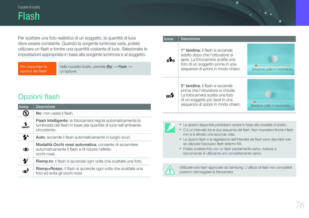 Samsung EV-NX210ZBSBIT, EV-NX210ZBSTIT manual Flash, Opzioni ﬂash 