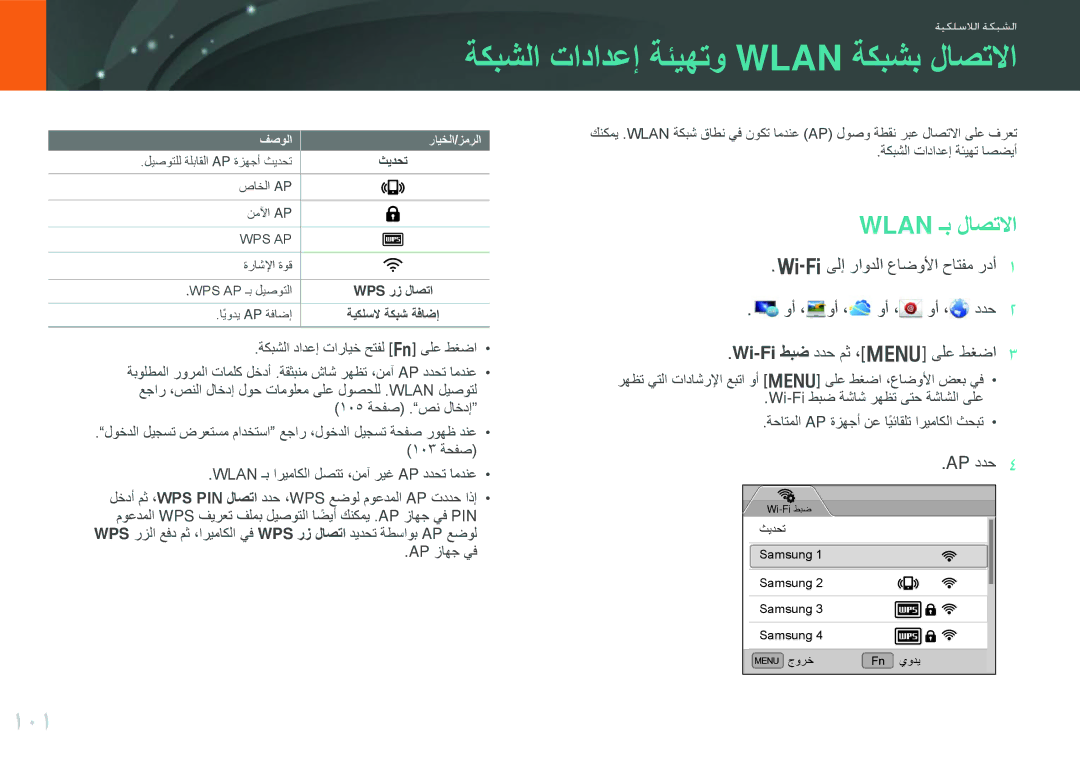 Samsung EV-NX210ZDSBME, EV-NX210ZDSTME manual ةكبشلا تادادعإ ةئيهتو Wlan ةكبشب لاصتلاا, 101, Wlan ـب لاصتلاا, Ap ددح 