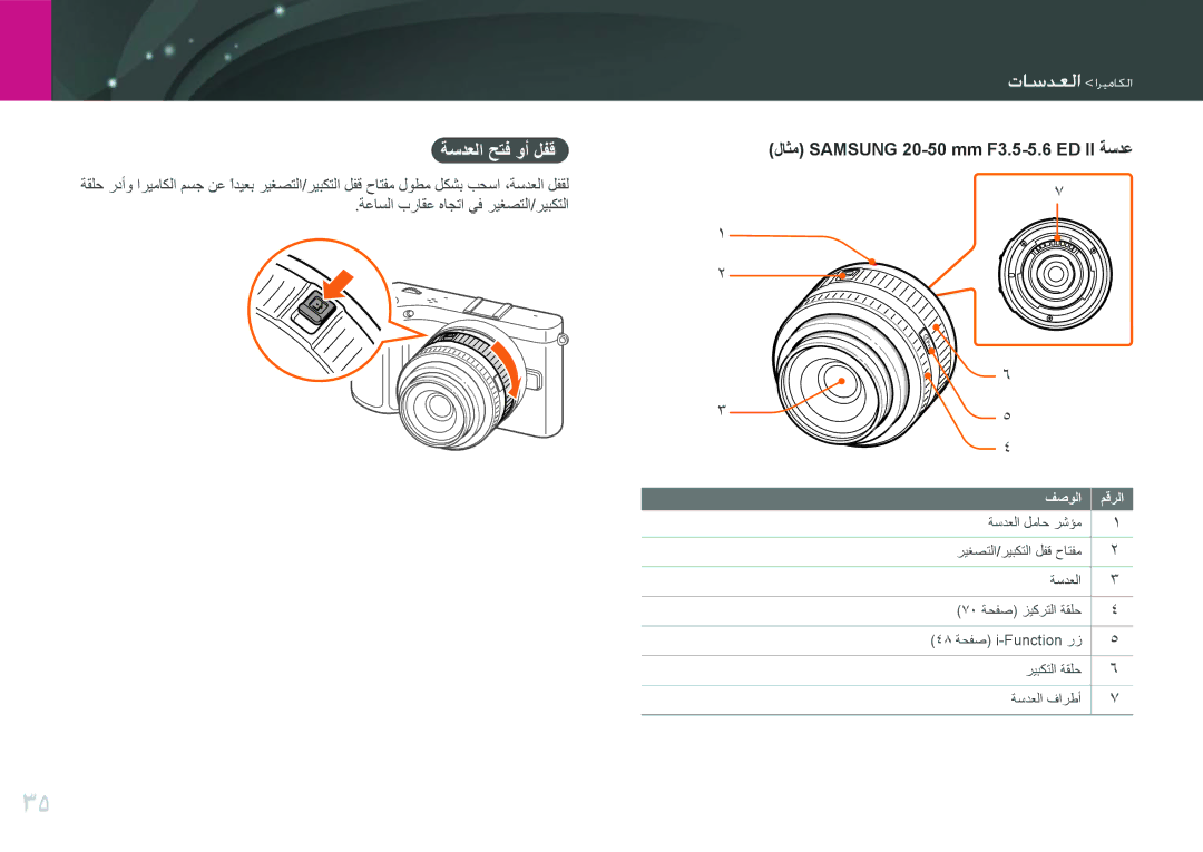 Samsung EV-NX210ZDSBIR, EV-NX210ZDSTME, EV-NX210ZDSBME, EV-NX210ZBSBSA, EV-NX210ZBSBAE واعداما اريعايما, ةسدعلا حتف وأ لفق 