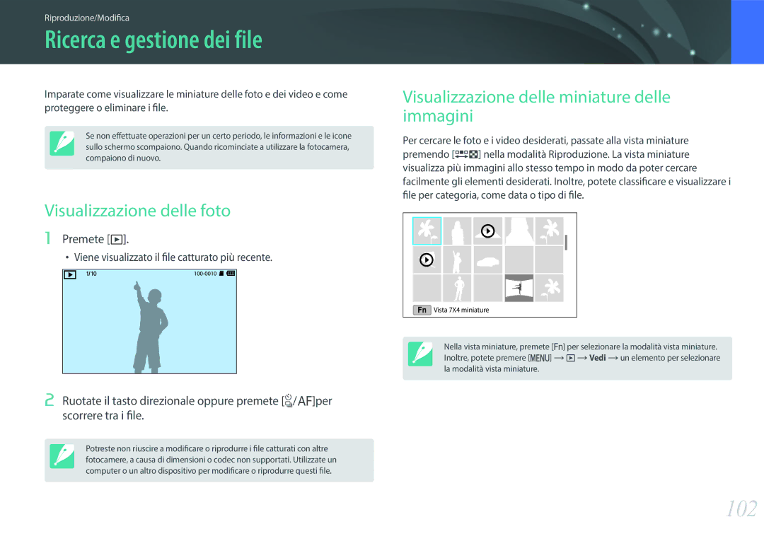 Samsung EV-NX3000BEIIT, EV-NX3000BEHIT manual Ricerca e gestione dei file, 102, Visualizzazione delle foto, Premete y 