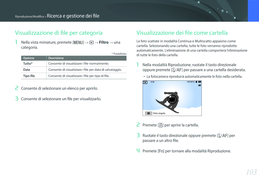 Samsung EV-NX3300BEBIT, EV-NX3000BEHIT, EV-NX3000BEIIT 103, Visualizzazione di file per categoria, Tutto, Data, Tipo file 