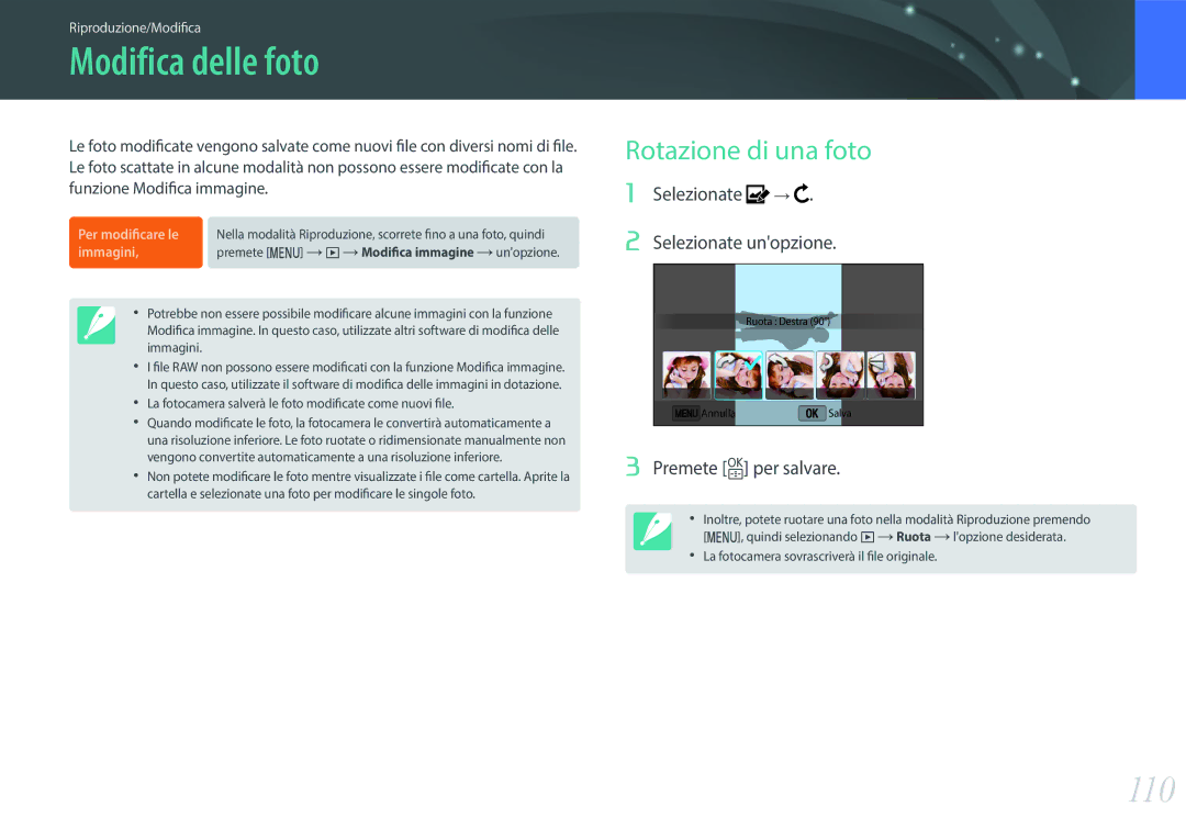 Samsung EV-NX3000BEHIT manual Modifica delle foto, 110, Rotazione di una foto, Selezionate → Selezionate unopzione 