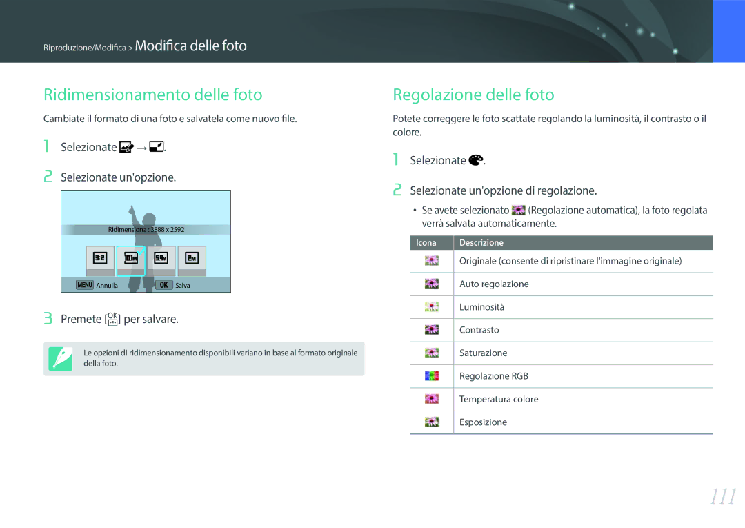 Samsung EV-NX3000BEIIT, EV-NX3000BEHIT, EV-NX3300BEBIT manual 111, Ridimensionamento delle foto, Regolazione delle foto 