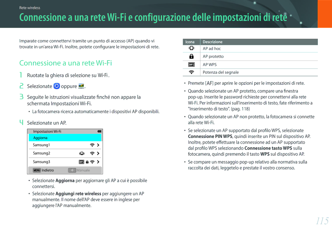 Samsung EV-NX3300BEBIT, EV-NX3000BEHIT, EV-NX3000BEIIT manual 115, Connessione a una rete Wi-Fi, Selezionate un AP 