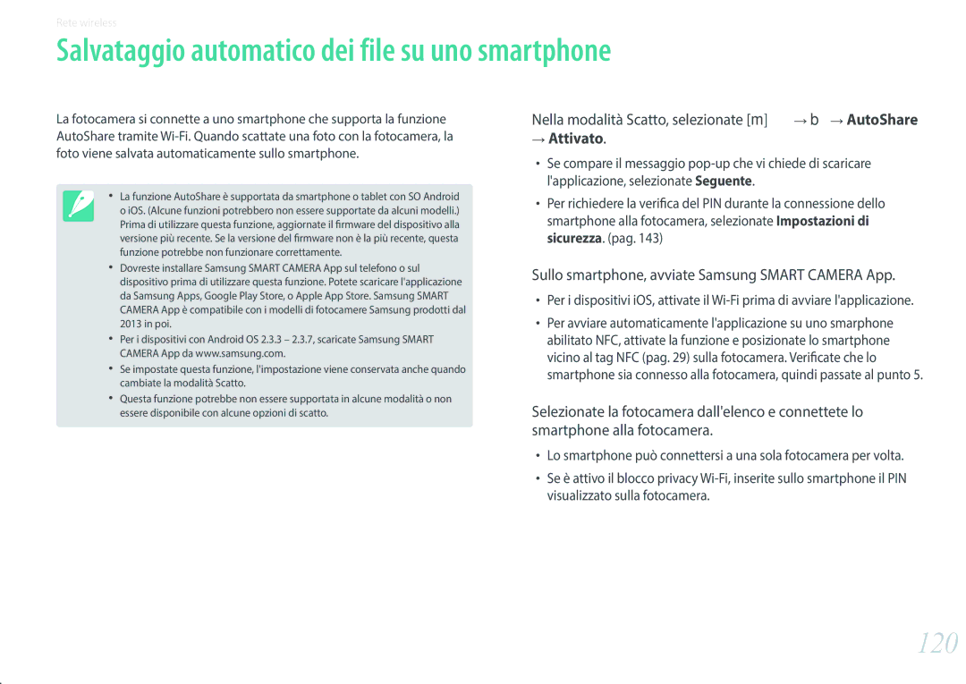 Samsung EV-NX3000BEIIT, EV-NX3000BEHIT, EV-NX3300BEBIT manual Salvataggio automatico dei file su uno smartphone, 120 