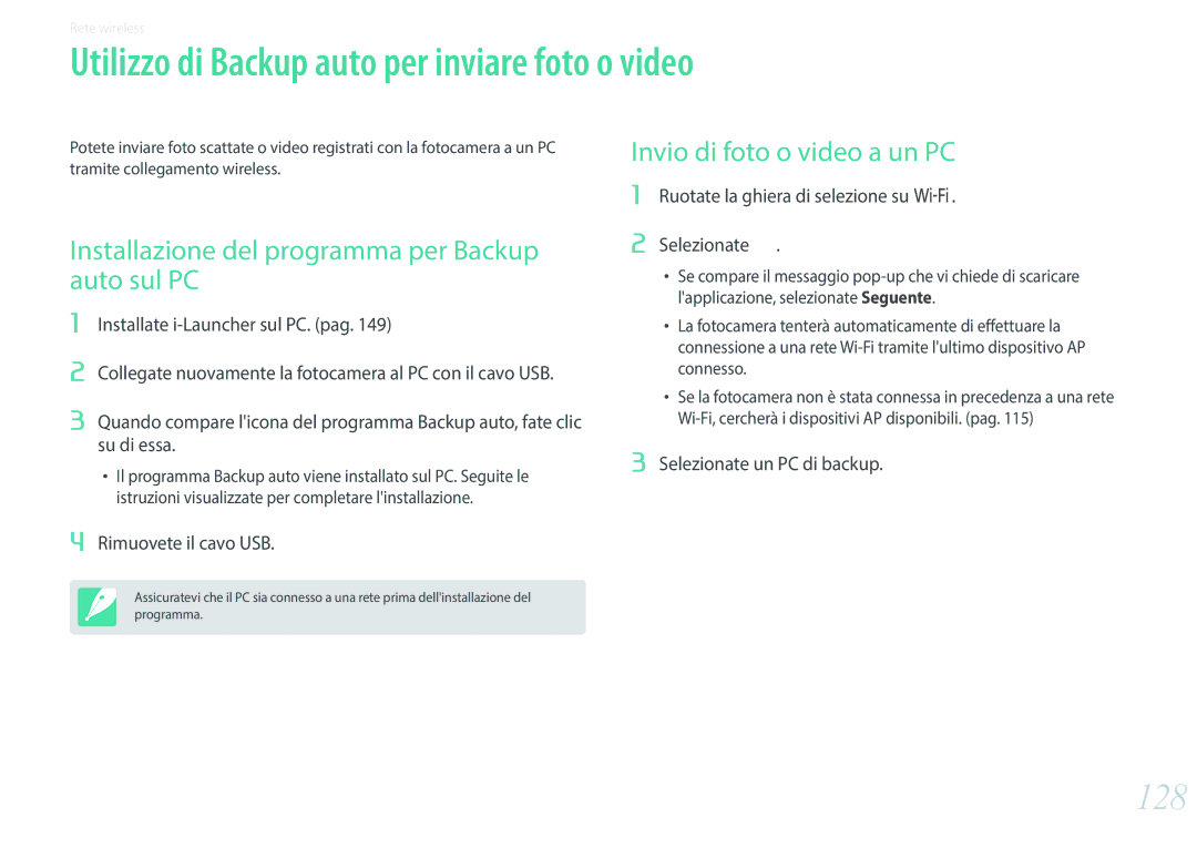 Samsung EV-NX3000BEHIT, EV-NX3000BEIIT, EV-NX3300BEBIT manual Utilizzo di Backup auto per inviare foto o video, 128 