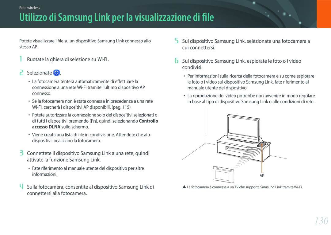 Samsung EV-NX3300BEBIT, EV-NX3000BEHIT, EV-NX3000BEIIT manual Utilizzo di Samsung Link per la visualizzazione di file, 130 