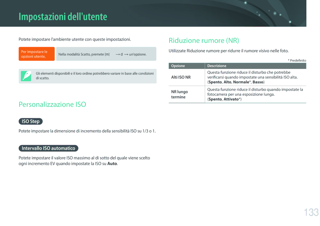 Samsung EV-NX3300BEBIT, EV-NX3000BEHIT manual Impostazioni dellutente, 133, Personalizzazione ISO, Riduzione rumore NR 