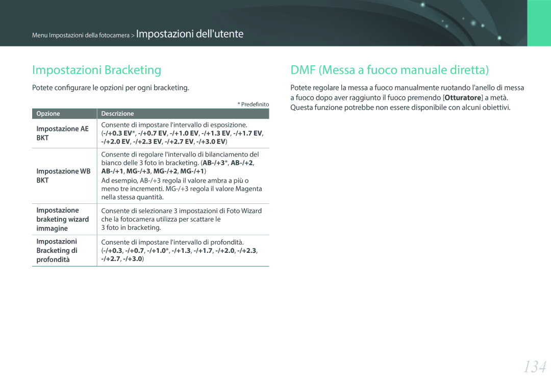 Samsung EV-NX3000BEHIT, EV-NX3000BEIIT, EV-NX3300BEBIT 134, Impostazioni Bracketing, DMF Messa a fuoco manuale diretta 