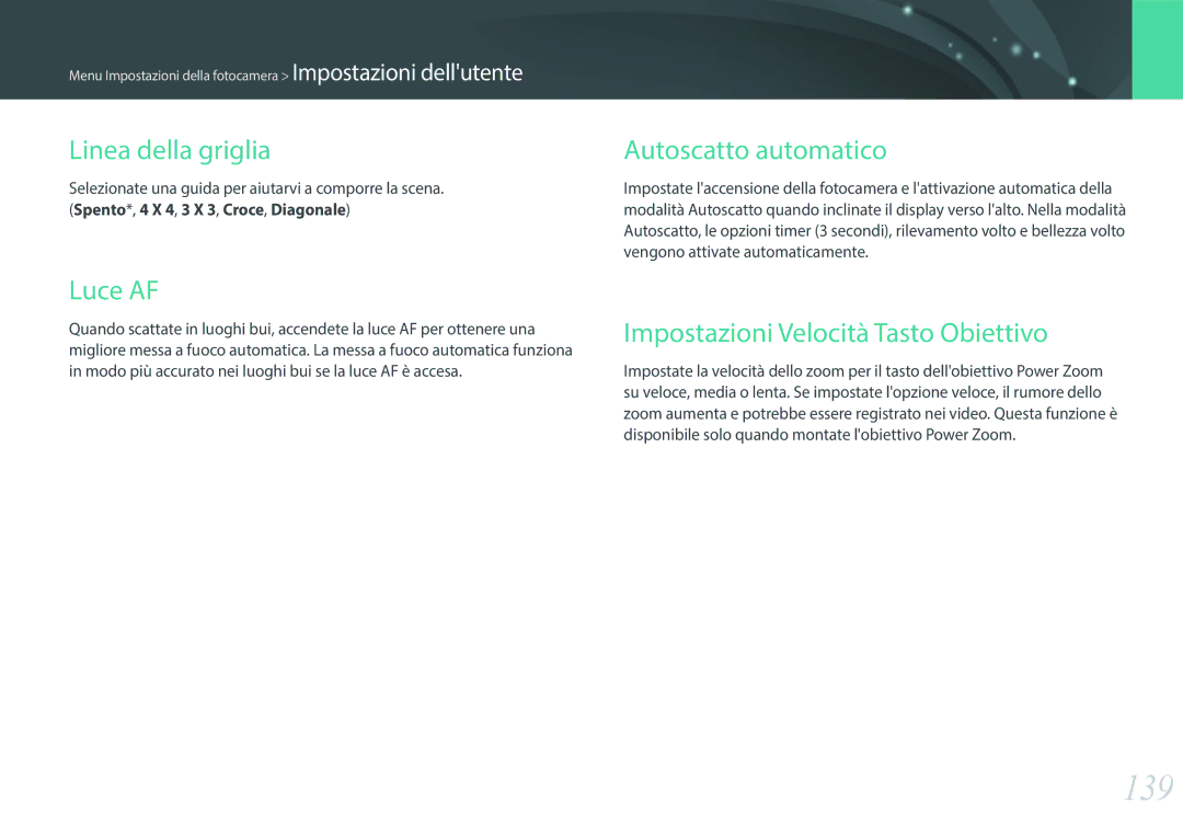 Samsung EV-NX3300BEBIT 139, Linea della griglia, Luce AF, Autoscatto automatico, Impostazioni Velocità Tasto Obiettivo 