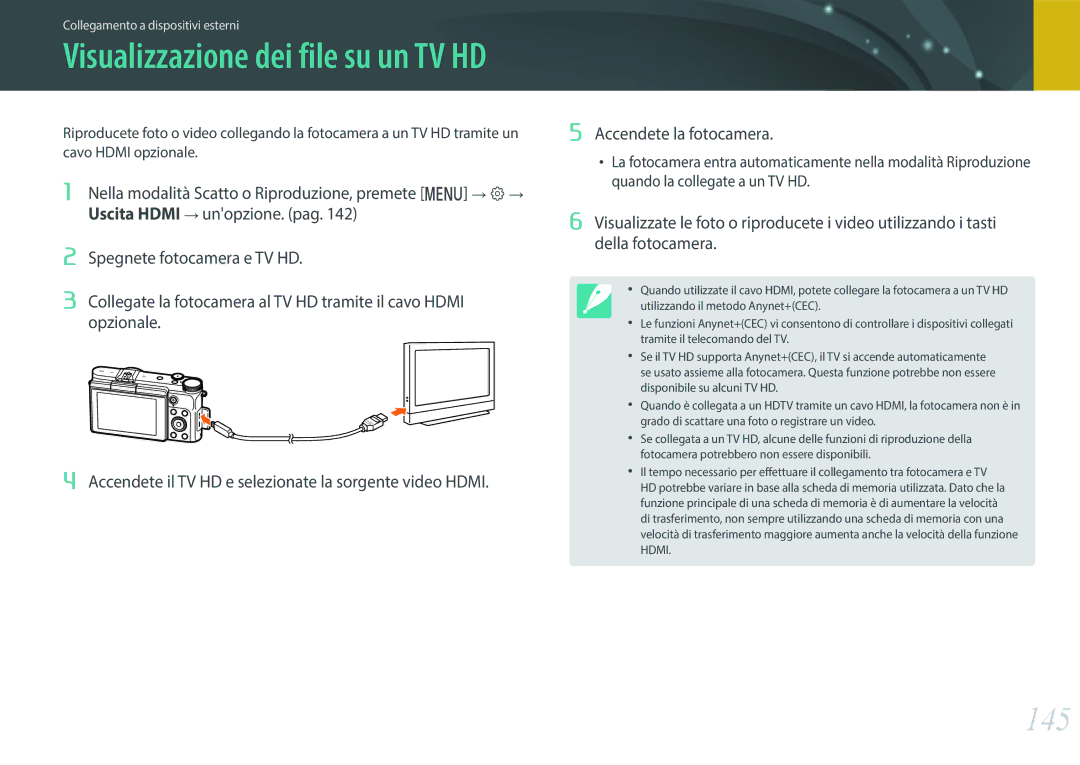 Samsung EV-NX3300BEBIT, EV-NX3000BEHIT, EV-NX3000BEIIT manual 145, Visualizzazione dei file su un TV HD 