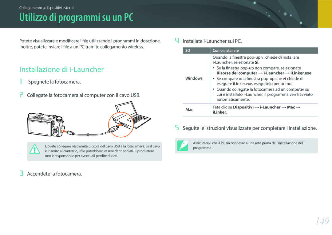 Samsung EV-NX3000BEHIT 149, Installazione di i-Launcher, Accendete la fotocamera Installate i-Launcher sul PC, Windows 