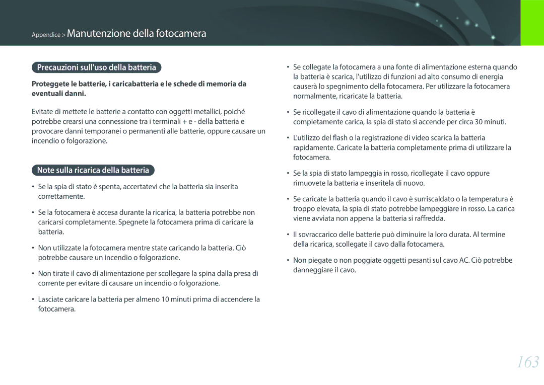 Samsung EV-NX3300BEBIT, EV-NX3000BEHIT, EV-NX3000BEIIT manual 163, Precauzioni sulluso della batteria 