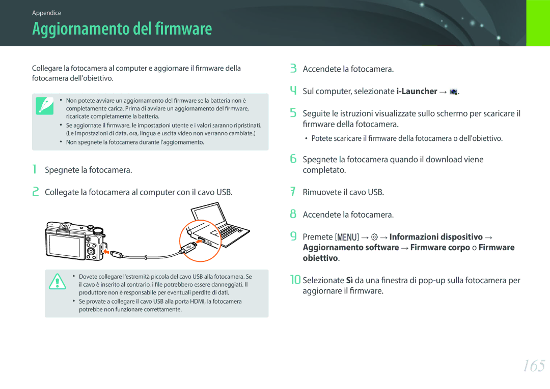 Samsung EV-NX3000BEIIT, EV-NX3000BEHIT, EV-NX3300BEBIT manual Aggiornamento del firmware, 165 