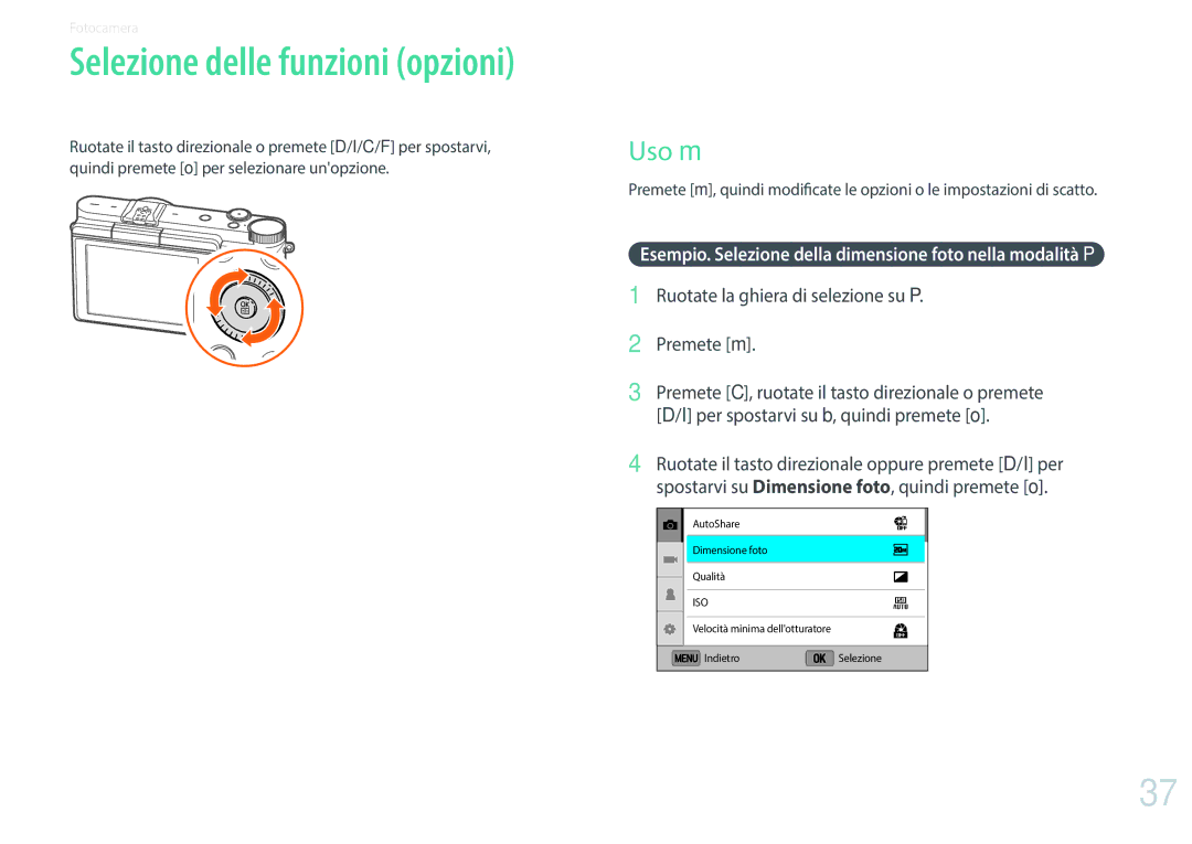 Samsung EV-NX3300BEBIT, EV-NX3000BEHIT, EV-NX3000BEIIT manual Selezione delle funzioni opzioni 