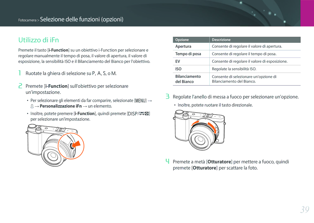 Samsung EV-NX3000BEIIT, EV-NX3000BEHIT Utilizzo di iFn, Ruotate la ghiera di selezione su P, A, S, o M, Unimpostazione 