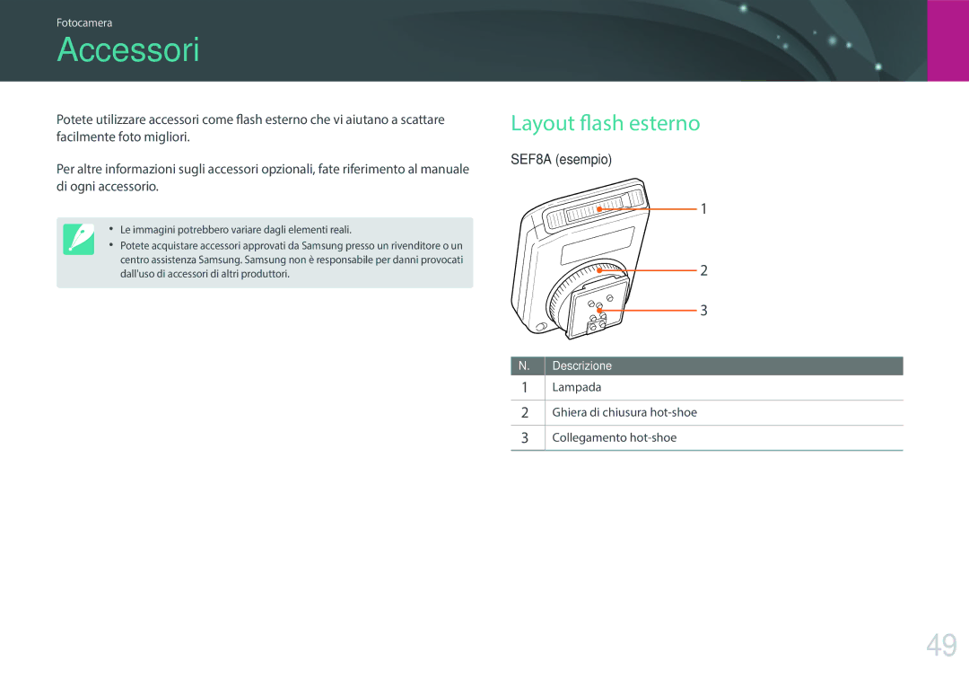 Samsung EV-NX3300BEBIT manual Accessori, Layout flash esterno, Lampada Ghiera di chiusura hot-shoe Collegamento hot-shoe 