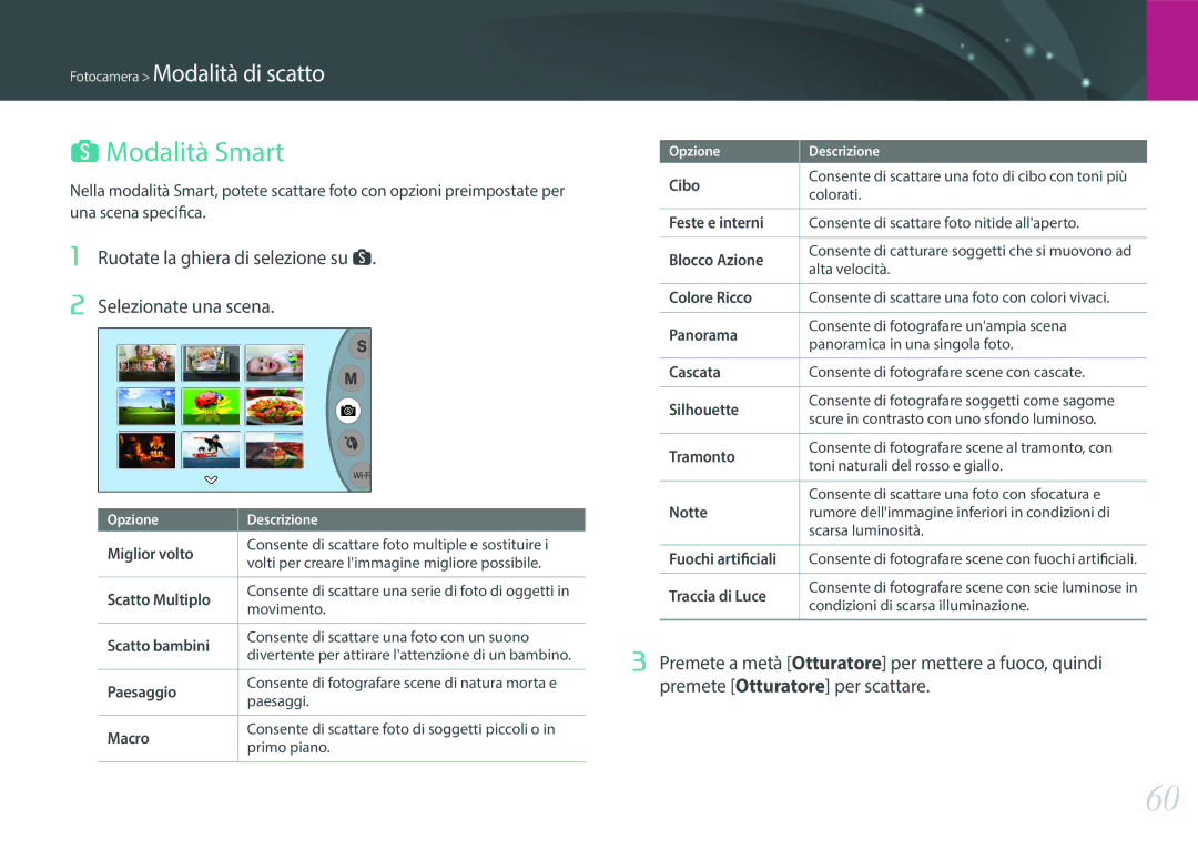 Samsung EV-NX3000BEIIT, EV-NX3000BEHIT manual SModalità Smart, Ruotate la ghiera di selezione su s Selezionate una scena 