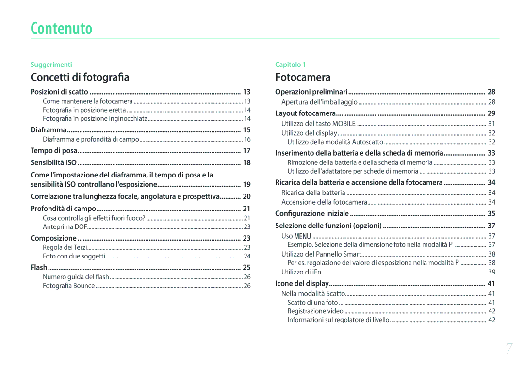 Samsung EV-NX3300BEBIT, EV-NX3000BEHIT manual Contenuto, Fotografia, Come limpostazione del diaframma, il tempo di posa e la 