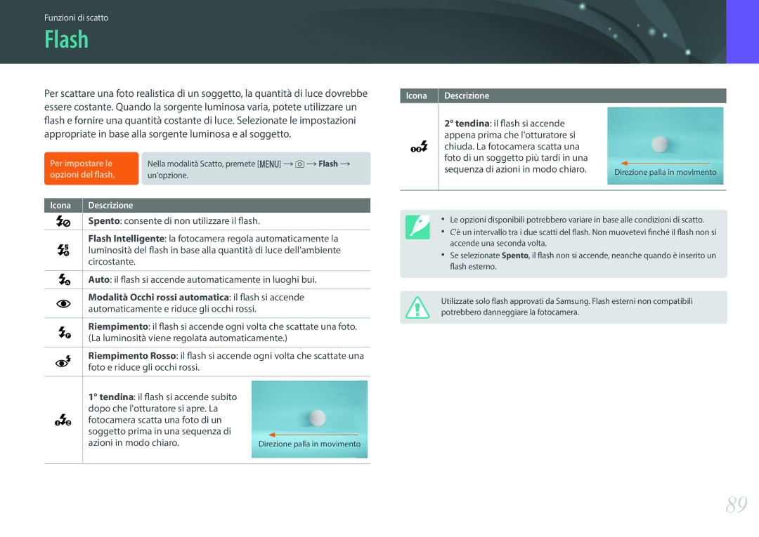 Samsung EV-NX3000BEHIT, EV-NX3000BEIIT, EV-NX3300BEBIT manual Flash, Modalità Occhi rossi automatica il flash si accende 