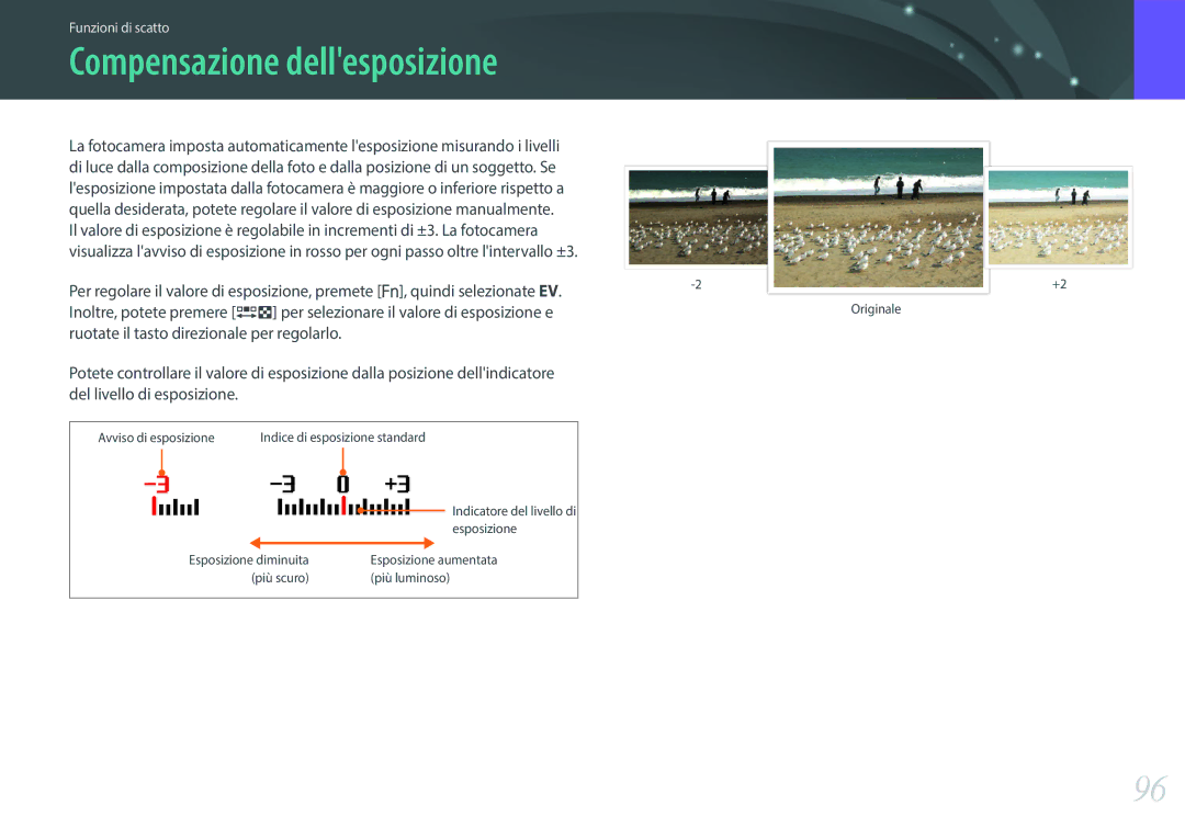 Samsung EV-NX3000BEIIT, EV-NX3000BEHIT, EV-NX3300BEBIT manual Compensazione dellesposizione, Del livello di esposizione 