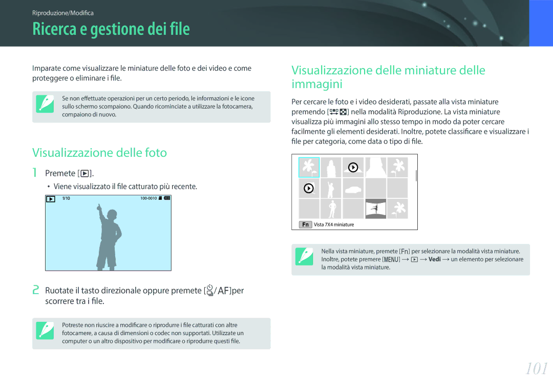 Samsung EV-NX3000BEHIT, EV-NX3000BEIIT manual Ricerca e gestione dei file, 101, Visualizzazione delle foto, Premete y 