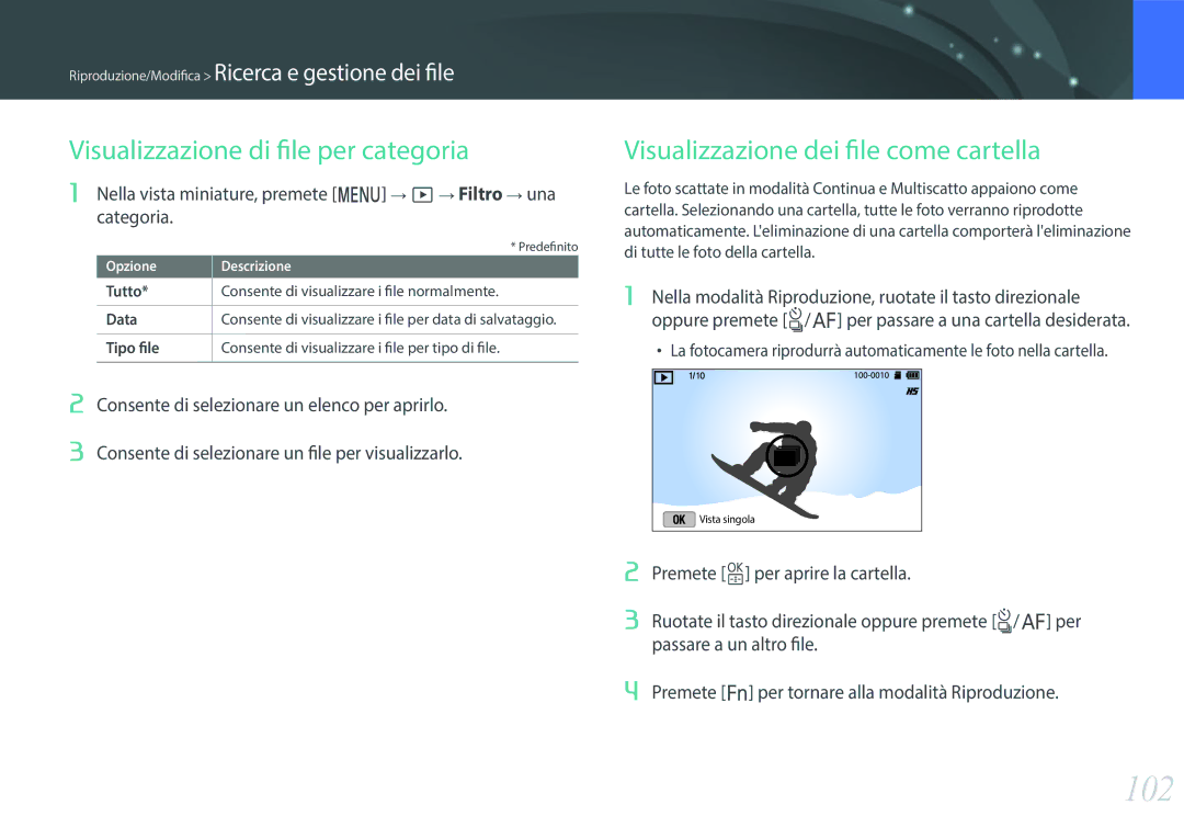 Samsung EV-NX3000BEIIT, EV-NX3000BEHIT 102, Visualizzazione di file per categoria, Visualizzazione dei file come cartella 