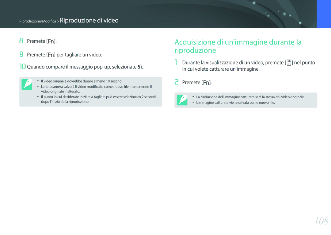 Samsung EV-NX3000BEIIT, EV-NX3000BEHIT manual 108, Acquisizione di unimmagine durante la riproduzione 