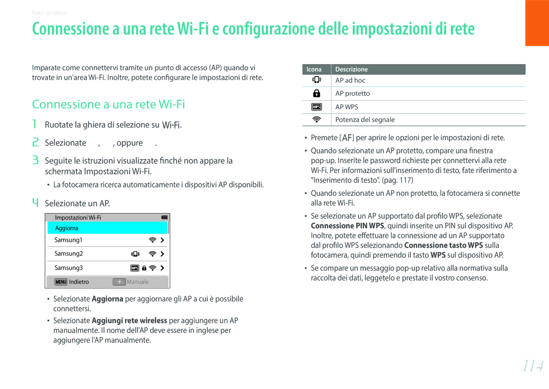 Samsung EV-NX3000BEIIT, EV-NX3000BEHIT manual 114, Connessione a una rete Wi-Fi, Selezionate un AP 