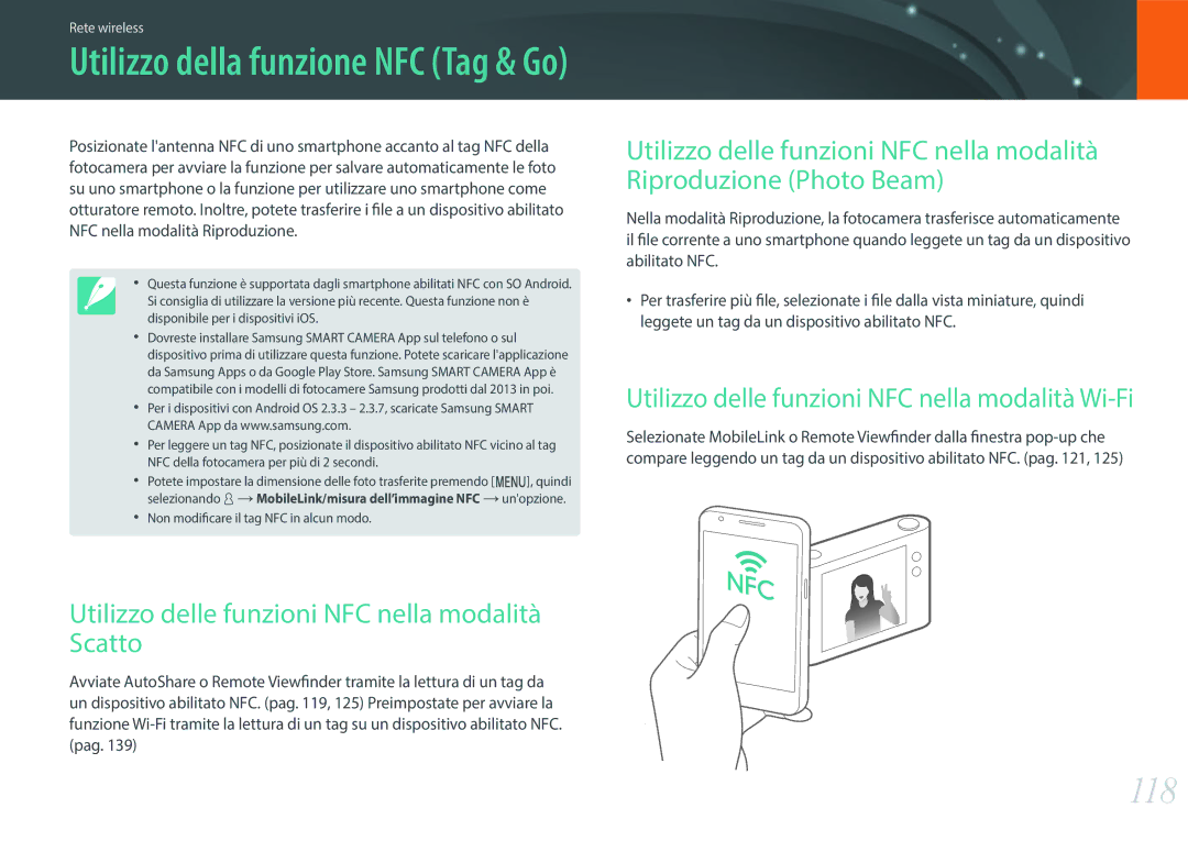 Samsung EV-NX3000BEIIT, EV-NX3000BEHIT manual 118, Utilizzo delle funzioni NFC nella modalità Scatto 