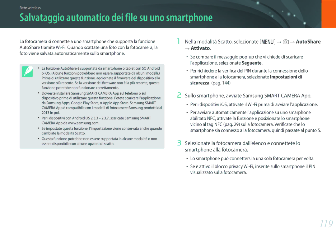 Samsung EV-NX3000BEHIT, EV-NX3000BEIIT manual Salvataggio automatico dei file su uno smartphone, 119 