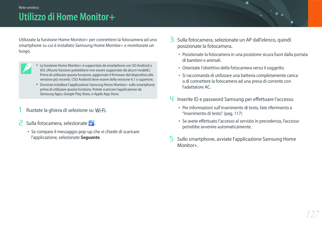 Samsung EV-NX3000BEHIT manual Utilizzo di Home Monitor+, 127, Inserite ID e password Samsung per effettuare laccesso 