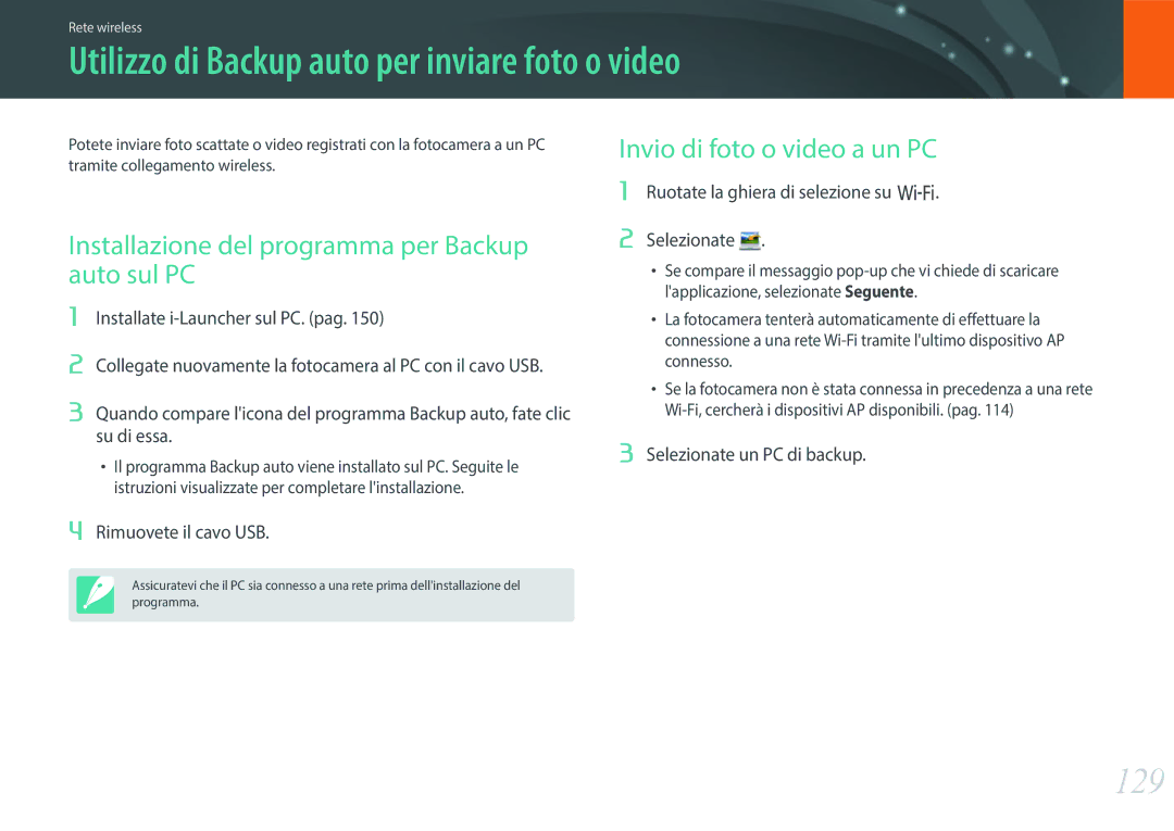 Samsung EV-NX3000BEHIT manual Utilizzo di Backup auto per inviare foto o video, 129, Invio di foto o video a un PC 