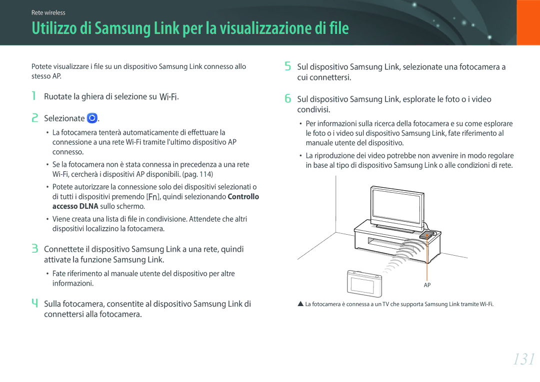 Samsung EV-NX3000BEHIT, EV-NX3000BEIIT manual Utilizzo di Samsung Link per la visualizzazione di file, 131 