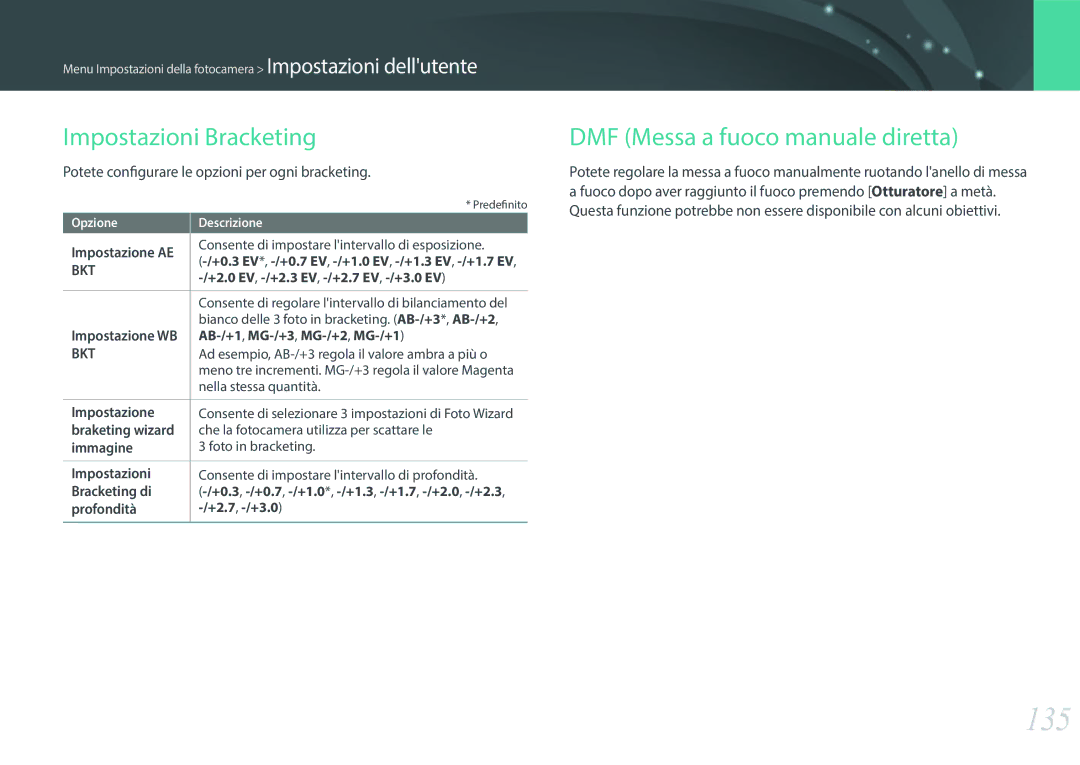 Samsung EV-NX3000BEHIT, EV-NX3000BEIIT 135, Impostazioni Bracketing, DMF Messa a fuoco manuale diretta 