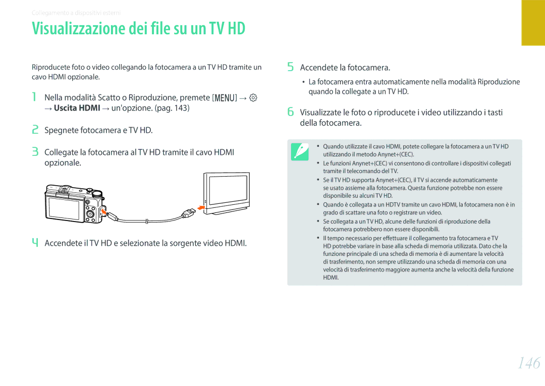 Samsung EV-NX3000BEIIT, EV-NX3000BEHIT manual 146, Visualizzazione dei file su un TV HD 