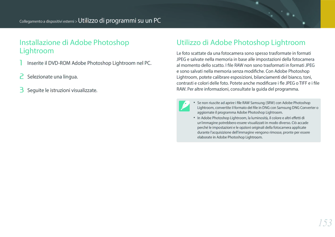 Samsung EV-NX3000BEHIT manual 153, Installazione di Adobe Photoshop Lightroom, Utilizzo di Adobe Photoshop Lightroom 