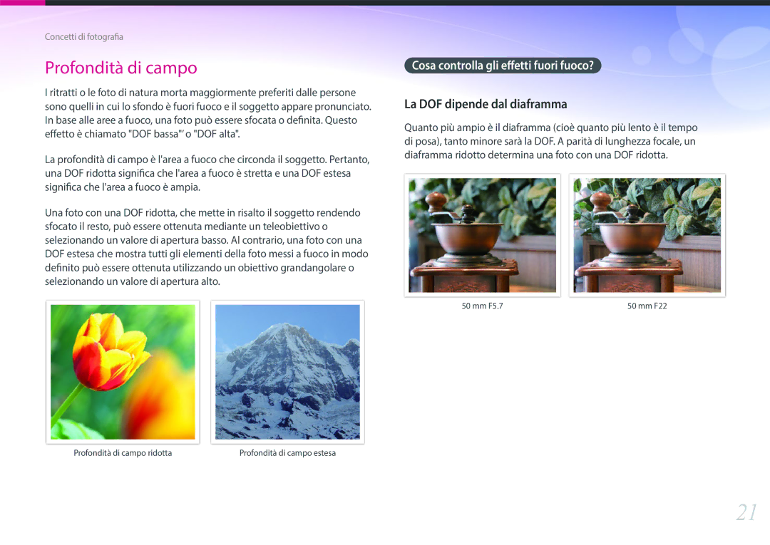 Samsung EV-NX3000BEHIT, EV-NX3000BEIIT manual La DOF dipende dal diaframma, Cosa controlla gli effetti fuori fuoco? 
