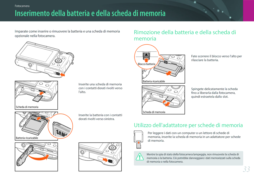 Samsung EV-NX3000BEHIT Inserimento della batteria e della scheda di memoria, Utilizzo delladattatore per schede di memoria 