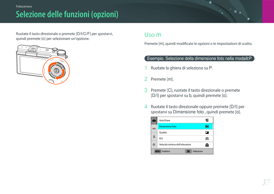 Samsung EV-NX3000BEHIT Selezione delle funzioni opzioni, Uso m, Esempio. Selezione della dimensione foto nella modalità P 